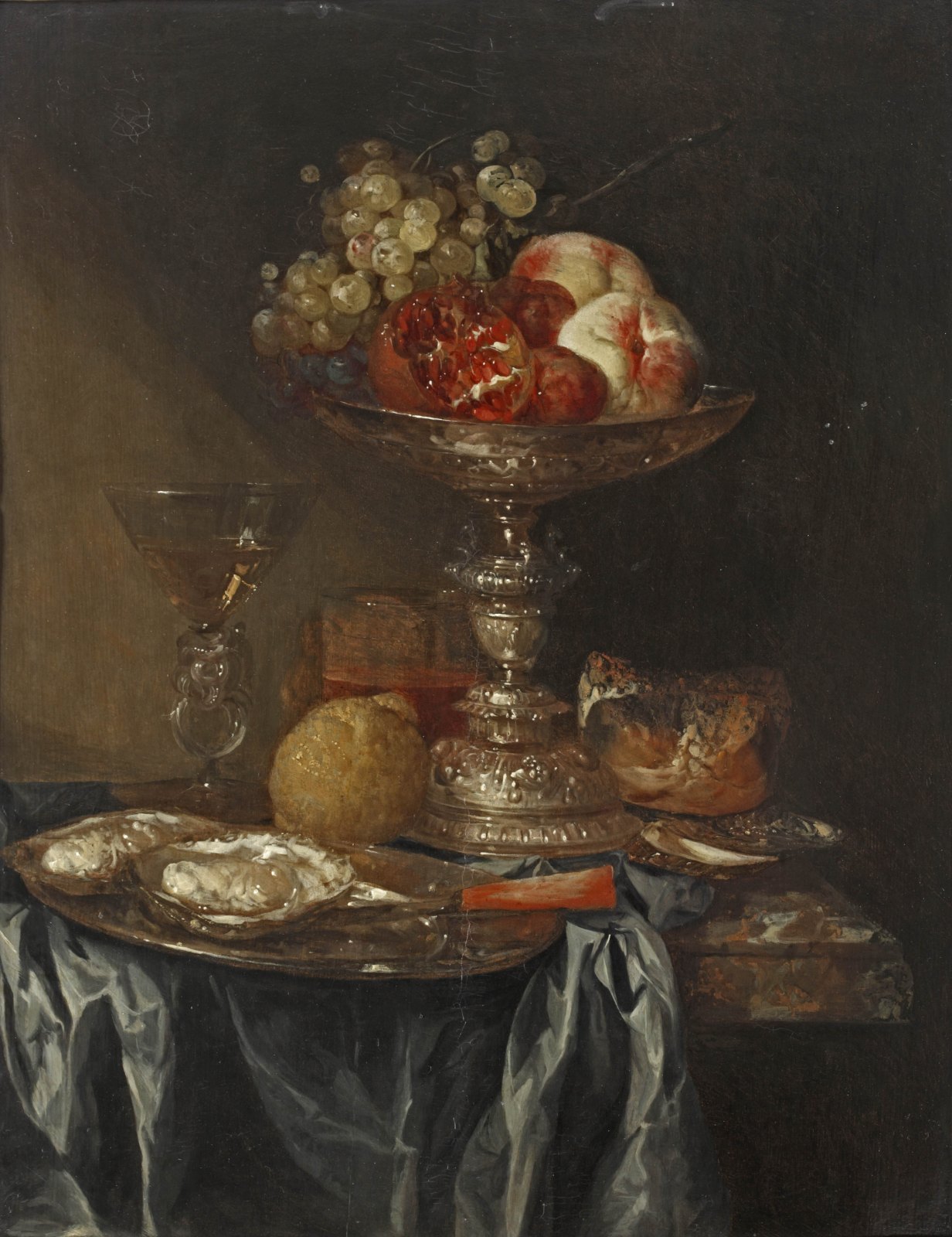 Abraham van Beijeren · c. 1620 The Hague – 1690 Overschie — Grapes, pomegranates and peaches in a silver tazza